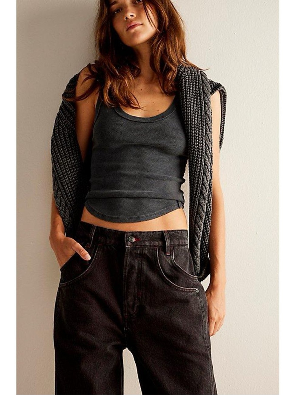 NWT Free People Final Countdown Black Wide-Leg Baggy Jeans with Red Cuff - Picture 3 of 10